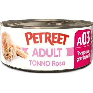 Petreet Adult Tonno Rosa con Gamberetti - Lattina da 70g, senza coloranti e conservanti, con morbida gelatina