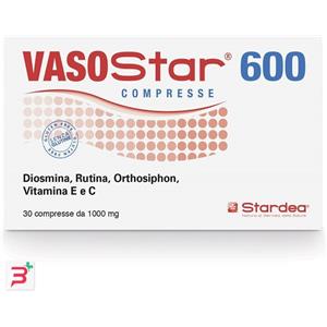 STARDEA Vasostar 600 - Integratore Alimentare con Diosmina, Rutina, Orthosiphon, Vitamine E e C - 30 Compresse da 1000 mg - Senza Glutine