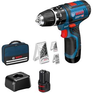 Bosch GSB 12V-15 Trapano Avvitatore a Percussione con Batteria 2x2.0 Ah e Caricabatterie, Set di Trapani e Punte Inclusi