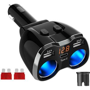 GemCoo Caricabatteria da Auto Accendino Accendisigari Auto USB Splitter, Adattatore per prese di corrente da 80W con 12V / 24V e doppia porta USB da 2,4 A e tipo C