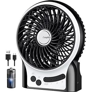 EasyAcc Ventilatori USB Potente Ricaricabile con Torcia, 9 Ore Mini Ventilatore Batteria Silenzioso 3 Velocità Portatile Ventilatore Viaggi Personale Ventilatori da Tavolo Scrivania con Luce Notturna