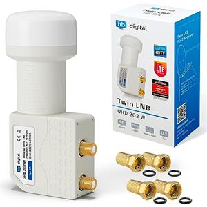 hb-digital Twin LNB - Test MOLTO BUONO* - per 2 utenti, filtro LTE, 2 uscite, Full HD 4K, 0,1 dB, con protezione dalle intemperie + 4 connettori F per TV, parabola satellitare - Bianco