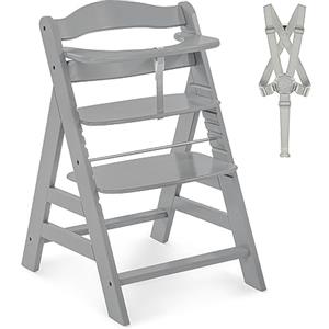 hauck Seggiolone Pappa in Legno Alpha+ - Seggiolone Evolutivo da 6 mesi fino a 90 kg - Sedia Evolutiva con Barra Frontale, Cintura Inguinale e a 5 Punti - Legno Certificato FSC® - Grigio
