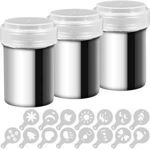 AIFUDA 3 barattoli dosatori in acciaio inox, per polveri, come caffè, cacao, ecc. Tappo con fori dosatori, per cottura, casa, ristorante, con 16 stampini inclusi