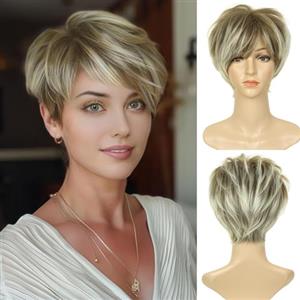 Becus Parrucca Bionda Corta Pixie Cut Parrucca Donne Corte con Sintetico Parrucche Donna Capelli con Frangia per le Donne Indossare Ogni Giorno (Biondo Cenere)