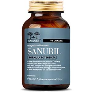 Salugea SANURIL Formula Potenziata Salugea - Integratore 100% Naturale - Con D-Mannosio, Cranberry, Uva Ursina e Semi di Pompelmo per il benessere delle Vie Urinarie - 60 Capsule - Flacone in Vetro