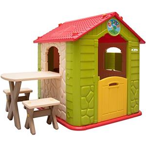 LittleTom Casetta Gioco per Bambini e Bambine incl 1 Tavolo 2 sgabelli casa di plastica per Interni ed Esterni Verde Beige