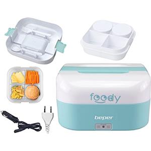 Beper - Scaldavivande Portatile 2In1, Contenitore Divisibile in 4, Accendisigari 12V per Auto, 50W per Casa/Ufficio, Posate in Dotazione - Azzurro