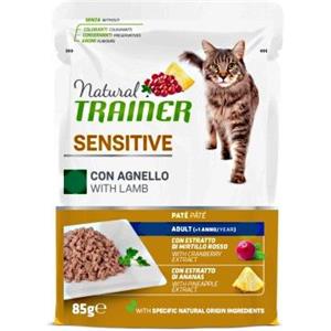 Natural Trainer Cibo Umido per Gatti Adulto Sensitive con Agnello 85g - Alimento Completo e Bilanciato