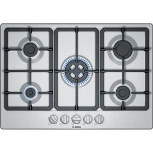 Bosch PGQ7B5B90 Serie 4, Piano cottura a gas, Bruciatore WOK: potenza fino a 3.3 kW, griglie in ghisa, Acciaio, 75 cm