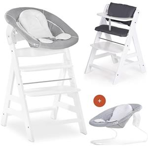 hauck Seggiolone Pappa Alpha Plus Newborn - Sediolone Pappa Bimbi con Sdraietta Neonati Dondolo e Cuscino - Seggiolone Evolutivo Legno - Classic, Bianco