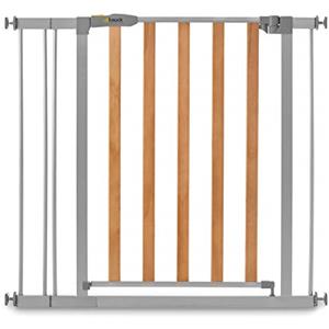 hauck Cancello/parascale per bambini Wood Lock 2 Cancello di sicurezza con estensione da 9 cm, senza foratura, larghezza 84-89 cm, espandibile, griglia in legno in metallo, grigia