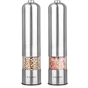 KZGRIT Macina Sale e Pepe Elettrico, Batteria Operato, Lama di Macinazione in Ceramica, Macinaspezie Automatico Acciaio Inossidabile con Luce LED e Grossolanità Regolabile(Set di 2, Argento)