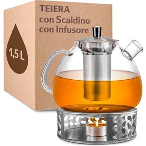 Cosumy Teiera con Infusore con Scaldino - 1,5l Vetro Borosilicato - Lavabile in Lavastoviglie - Resistente al Calore - Grandi Teiera