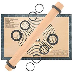 Folksy Super Kitchen SUPER KITCHEN Mattarello in Legno Con 5 Dischi Regolabili Anello e Antiaderente Tappetino da Forno 60x40cm, Stuoia di Rolling della Pasticceria del Silicone, Spianatoia per Impastare (Grigio)