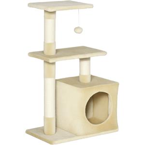 PawHut Albero Tiragraffi per Gatti con Cuccia, Pallina, Pali in Corda Sisal e Peluche Beige, 50x30x81.5cm