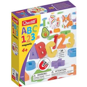 Quercetti ABC 123 Magnetic - Set di 48 Lettere e 48 Numeri Magnetici con 10 Calamite per Bambini, Giochi Educativi per Lavagna Magnetica e Frigorifero