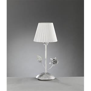 ONLI - Lampada da tavolo Rose in metallo color bianco e argentato e decorazione con rose. Paralume in tessuto bianco plissettato. 1 x E14. Ideale come abat-jour camera da letto. stile classico.