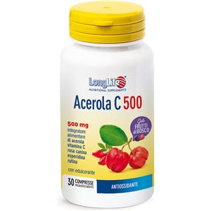 LongLife Acerola C 500 - Integratore Masticabile Antiossidante con Vitamina C e Gusto Frutti di Bosco - 30 Compresse Vegane e Senza Glutine