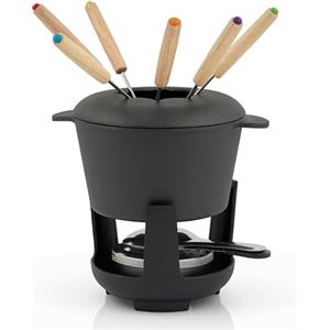 BBQ-TORO Set fonduta in ghisa per 6 Persone Set fonduta 13 Pezzi con bruciatore e forchette quantità di riempimento 1 litro di Cioccolato al Formaggio induzione. (Nero/già imbrimere)