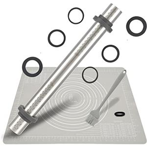 Folksy Super Kitchen SUPER KITCHEN Mattarello in Acciaio Inox Con 5 Dischi Regolabili Anello, Stuoia di Rolling della Pasticceria del Silicone Antiaderente Tappetino da Forno Spianatoia per Impastare (50x40cm, Grigio)