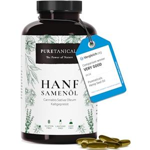 Puretanicals Olio di Semi di Canapa (Cannabis Sativa), 180 Capsule con Omega 3-6-9 | Ingredienti Naturali 100%, 1000mg Puro Hemp Seed Oil |