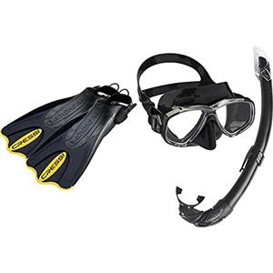 Cressi Palau Saf, Pinne Corte Regolabili per Nuoto E Snorkeling Unisex, Nero/Giallo, S/M (38/41) & Mare Combo, Set Maschera Sub Perla E Snorkel Mexico Unisex - Adulto, Nero, Unica