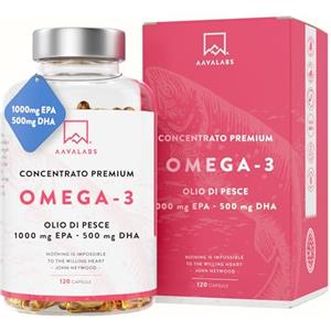 AAVALABS Omega 3 2000mg ad Alto Dosaggio - Olio di Pesce Omega 3 Capsule - Integratore Omega 3 1000mg EPA 500mg DHA per dose giornaliera (2 capsule) - Fish Oil Puro Non-OGM Fonte di Acidi Grassi - 120 softgel