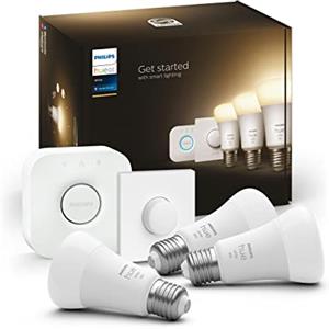Philips Hue White Starter Kit con 3 Lampadine, con Bluetooth, Dimmerabili, Attacco E27 + 1 Bridge Hue Controllo Completo del Sistema + 1 Telecomando Hue Smart Button, Bianco