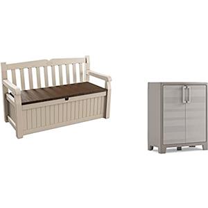 Keter Cassapanca Eden Storage Bench Con Capacità Di 265 Litri In Resina, Resistente Agli Agenti Atmosferici & Armadio Basso Gulliver Xl Con 2 Ripiani Regolabili, Beige, 80 X 44 X 100 Cm