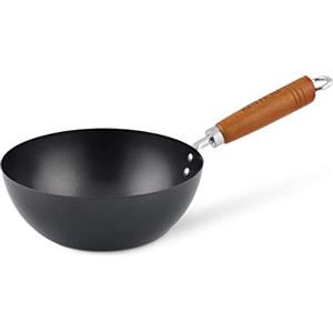 Ken Hom Mini Wok Antiaderente Acciaio al Carbonio, 20cm, Classic, Padella Non a Induzione/Con Manico in Legno/Base Piatta, Non Lavabile in Lavastoviglie, 2 Anni di Garanzia,