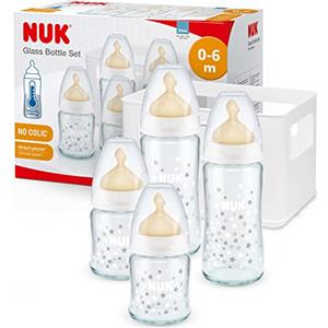 NUK First Choice + Biberon di Vetro Starter Set, 0-6 Mesi, 4 Bottiglie con Controllo della Temperatura e Scatola Porta-Biberon, Valvola Anti-coliche, Senza BPA, Lattice, 5 Pezzi, Bianco