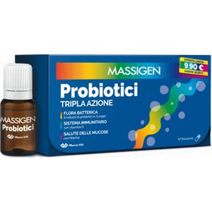 Massigen Probiotici - Integratore con 8 miliardi di probiotici, Vitamina D e B3, 10 Flaconcini da 8 ml