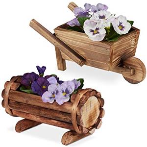 Relaxdays Vasi in Legno, Set 2 Contenitori Carriola & Mezza Botte Portafiori, Rustico, Fioriera Giardinaggio, Naturale