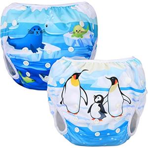 Luxja Riutilizzabile Pannolini da Nuoto (Confezione da 2), Costume Pannolino Lavabili, Impermeabile Pannolino Piscina (0-3 Anni), Penguin + Sea Animals