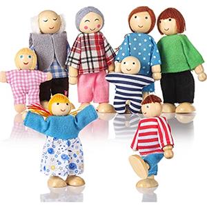 Jzszera Casa delle bambole persone famiglia di 8 figure di legno impostato, piccole bambole di legno giocattoli per bambini ragazze