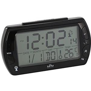 MPM Quality Sveglia in plastica MPM - Sveglia, allarme ripetuto, radiocomandato, luce, termometro, data/giorno, sveglia per casa, camera da letto, ufficio, 2 batterie AAA a micromatita, 120 x 64 x 40 mm