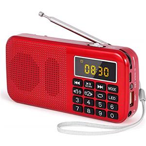 PRUNUS J-725 Radio Portatile Ricaricabile FM, Radiosveglia, Radiolina Portatili Digitale Piccola con Torcia di Emergenza, Funzioni di Orologio e di Allarme, Lettore MP3,Support USB/AUX/TF Card (Rosso)