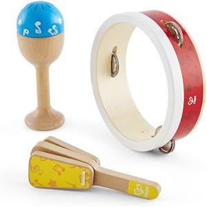 Hape Set di Percussioni per Bambini - Tamburello, Maracas e Batacchio in Legno, Strumenti Sicuri dai 12 Mesi