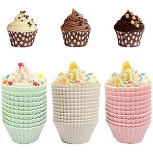 YANJINGHE 30 Pezzi Stampi per Cupcake in Silicone Riutilizzabile - Pirottini per Muffin, Torte, Gelati, Budini, Gelatine (Rosa, Verde, Giallo)