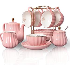 Sweejar Home Set da tè in porcellana Royal Family, 225 ml, per tazze e piattini con teiera, zuccheriera, brocca per latte in ceramica e tazze da caffè (rosa)