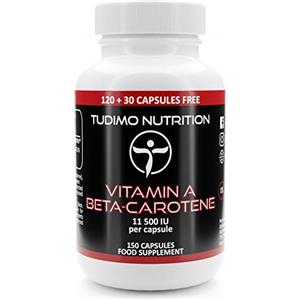 TUDIMO Integratore Betacarotene Vitamina A Pura - 11 500 IU - 150 Capsule (Scorta 5 Mesi) a Disgregazione Rapida con 6,9mg Beta Carotene Polvere Puro Qualità Premium
