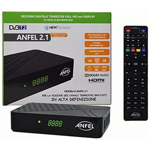 ANFEL Decoder DVB-T2 HD T265 Hevc H265 MAIN 10 Bit funzione CEC, Full High Definition Ricevitore Digitale Terrestre,USB funzione media player, HDMI, LAN, SCART, Telecomando 2 in 1 per controllare il TV
