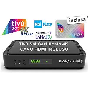 ANFEL Decoder Ricevitore Tivù Sat Combo Digitale DVB-T2 Satellitare DVB-S2 Tivusat con scheda 4K HD UHD Tivusat inclusa Funzione PVR registrazione MAIN 10 HEVC H265 SCR e DCSS HbbTV On-demand rai e mediaset