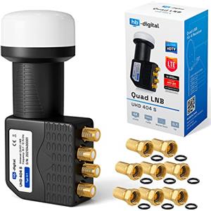 hb-digital Quad LNB - Test MOLTO BUONO* - per 4 utenti, filtro LTE, 4 uscite, Full HD 4K, 0,1 dB, con protezione dalle intemperie + 8 connettori F per TV, parabola satellitare - Nero