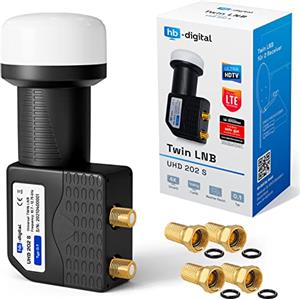 hb-digital Twin LNB - Test MOLTO BUONO* - per 2 utenti, filtro LTE, 2 uscite, Full HD 4K, 0,1 dB, con protezione dalle intemperie + 4 connettori F per TV, parabola satellitare - Nero