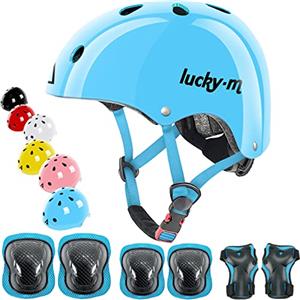 Lucky-M Casco per bambini regolabile con ginocchiere, gomitiere e protezioni per i polsi, set di protezione 7 in 1 per bambini e bambine, per skateboard, bici, scooter, hoverboard e così via.