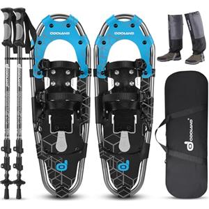 Odoland Ciaspole da Neve 4 in 1 con Alzatacco per Uomo Donna Gioventù, Racchette da Neve Set per Tutti i Terreni con Bastoncini Trekking, Ghette Gambe Impermeabile e Borsa Portatile, Nero Blu, L