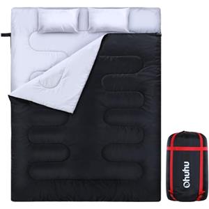 Ohuhu Sacco a Pelo Matrimoniale, Sacco a Pelo Matrimoniale Enorme 218x150cm con 2 Cuscini, Quattro Doppia Chiusura Lampo Temperatura Confortevole: 0 ° C ~ 10 ° C (2.75kg/3.5kg) (Nero 3.5kg)