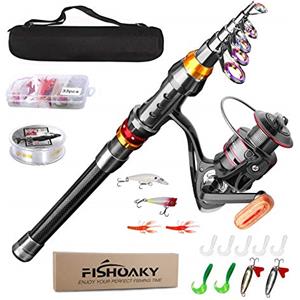 FISHOAKY Telescopico Canna da Pesca con Mulinello, Fibra di Carbonio Combo Spinning Canna con Bobina Linea Esche Ganci per Bambini e Adulti | Saltwater &Freshwater (2.1)